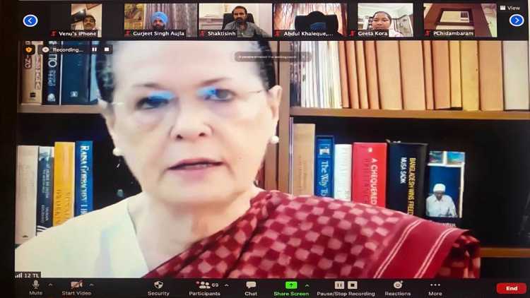 Congress Interim President Sonia Gandhi addresses a Congress Parliamentary Party meeting via video conference in New Delhi on Friday