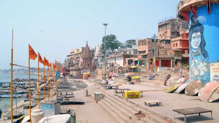 A deserted view of the ghat during lockdown imposed to contain the surge in coronavirus cases, in Varanasi on Saturday