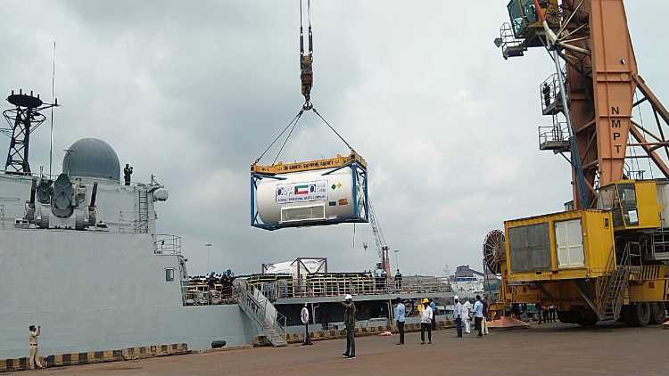 INS Tabar carrying a shipment of Liquid Medical Oxygen (LMO) cryogenic containers from Kuwait, as part of Samudra Setu II, arrives at New Mangalore Port on Tuesday