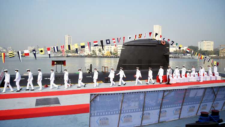 Scorpene-class submarine INS Karanj being commissioned into the Indian Navy in Mumbai on March 10