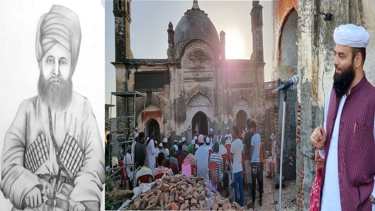 The historic mosque (Center), Maulana Shahji (left) and Maulana Muhammad Usman Rahmani (on right),  