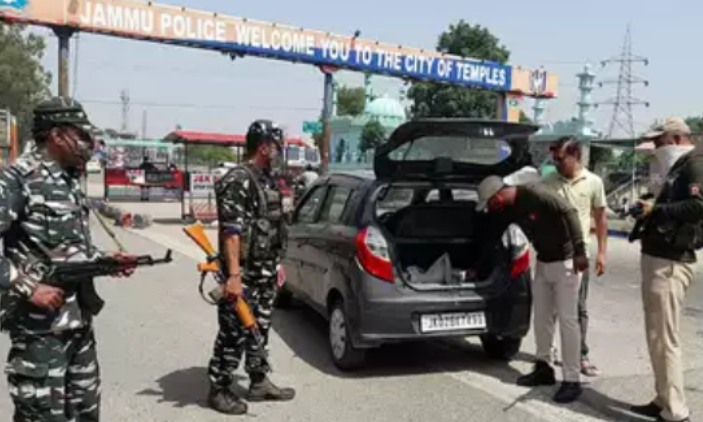 Security forces checking vehicles in Jammu