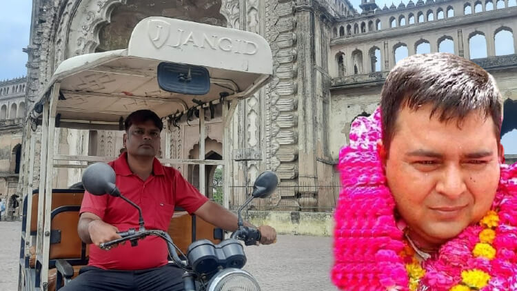 Hamid Lakhnawi driving a rickshaw; being felicitated (inset) as a poet