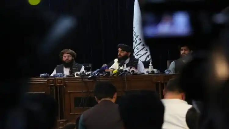 The Taliban spokesman Zabihullah Mujahid attends a press conference in Kabul