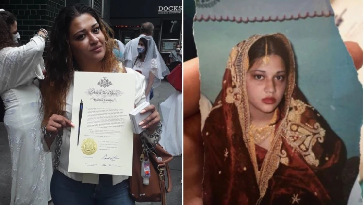 Naila (right) as a child bride and when (left) she passed the act against child marriage