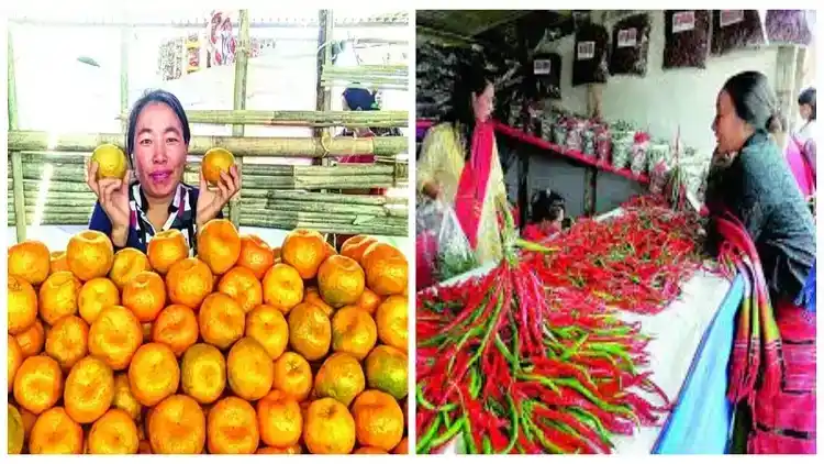 Women selling Sirarakhong Chilli and Tamenglong Orange in market 