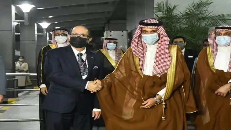 Saudi Foreign Minister Faisal Bin Farhan Al Saud being welcomed at airport