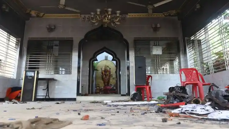 A vandalised temple is seen in Bangladesh’s Comilla district