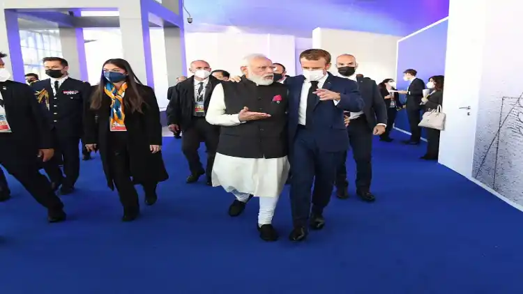 Prime Minister Narendra Modi with French President Emanuel Macron at G-20 summit venue in Rome