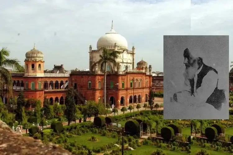 Maulana Mahmud Hasan (inset) with Darul Uloom in the backdrop