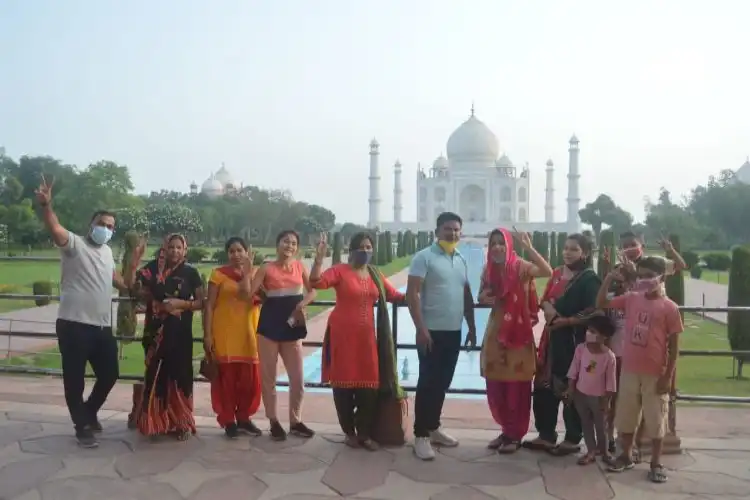 Tourists at the Taj Mahal.