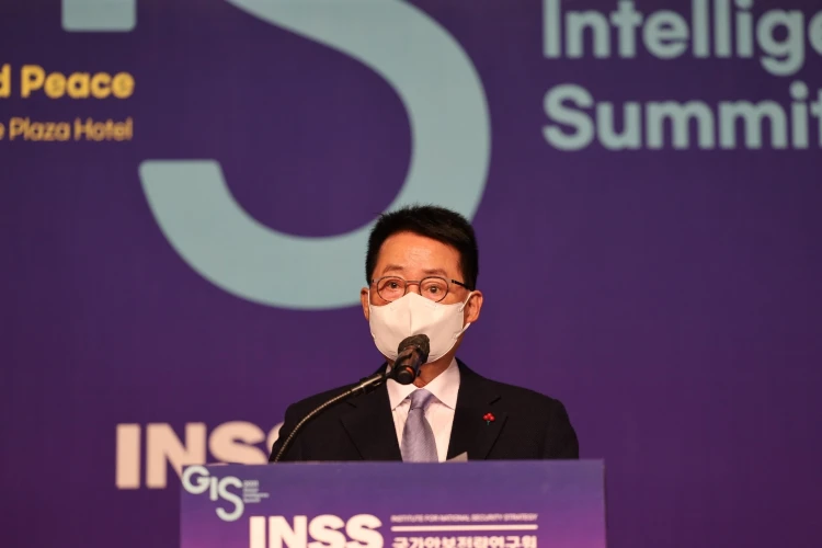 National Intelligence Service Director Park Jie-won speaks during a forum in Seoul