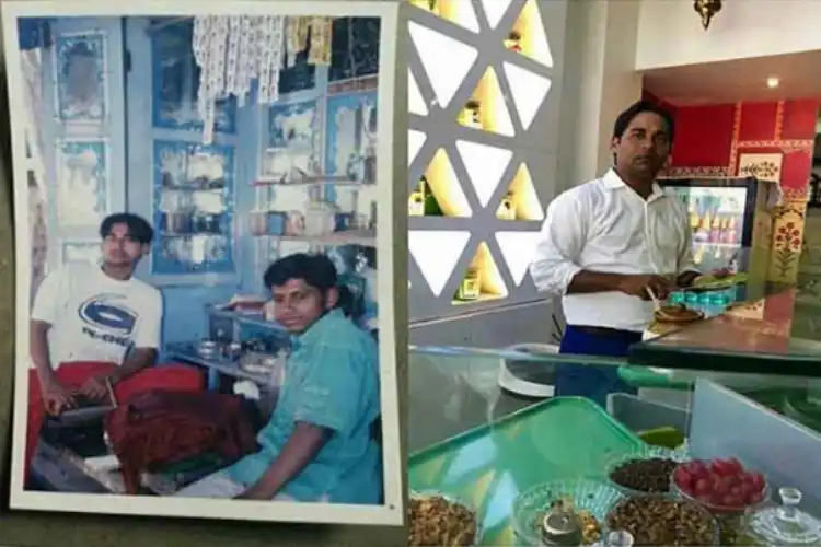 Naushad Sheikh with his father at latter's paan shop (Left) and in his shop (Right)