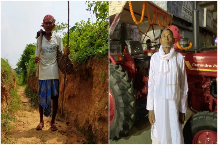 Longi Bhuiyan in his field(Left) while receiving the tractor (Right)