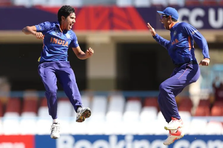 Indian players celebrating a winning moment during the India-vs-England Under-19 cricket world cup