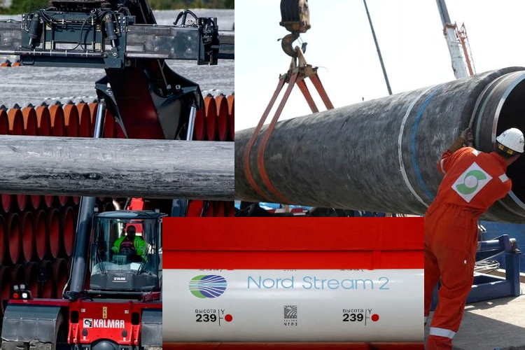 In Frame: Pipes for Nord Stream 2 project, workers at the site, logo of the project