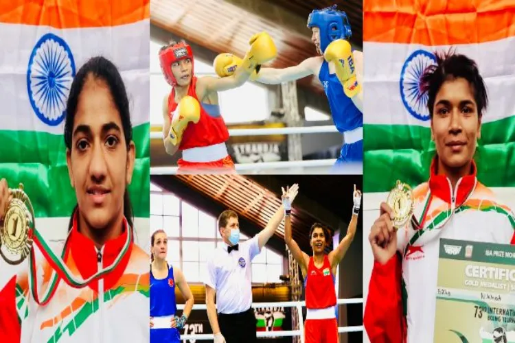 Nikhat Zareen (right) and Nitu after winning the gold at the at the 73rd Strandja Memorial Boxing Tournament.