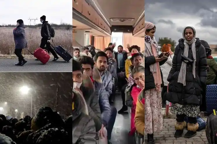 A collage of Indian students during an evacuation.