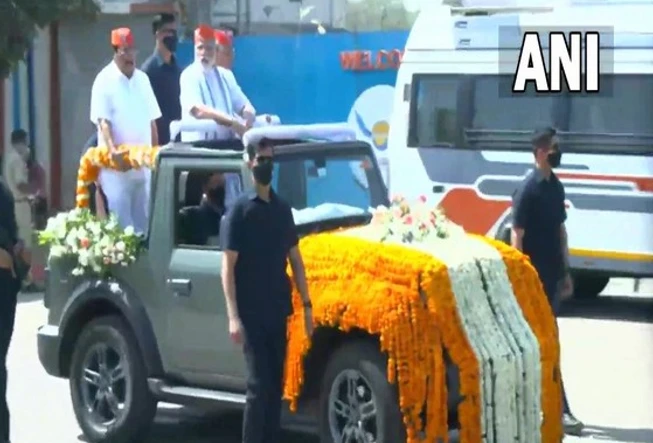 Prime Minister Narendra Modi during his road show in Ahmedabad