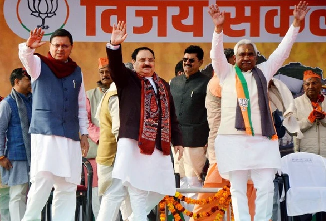 BJP National President JP Nadda with Pushkar Singh Dhami