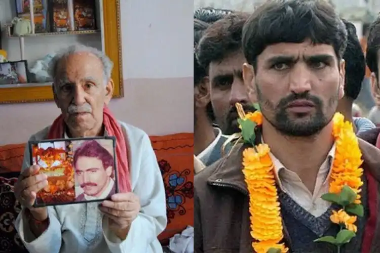 Father of Satish Tickoo holding his picture (Twitter) and Bitta Karate (R)