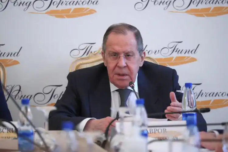 Russian Foreign Minister Sergey Lavrov speaking to media in New Delhi