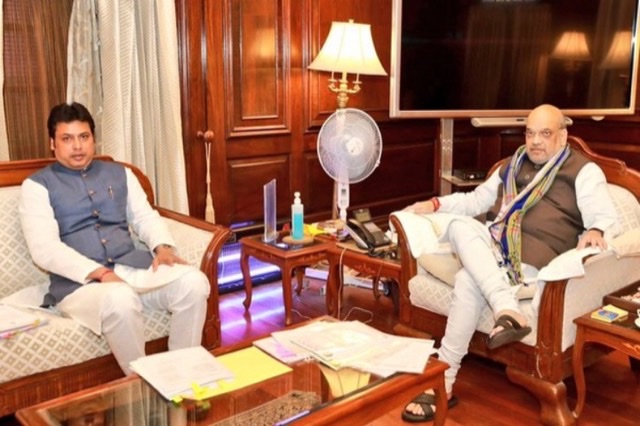 Tripura Chief Minister Biplab Kumar Deb with Home Minister Amit Shah