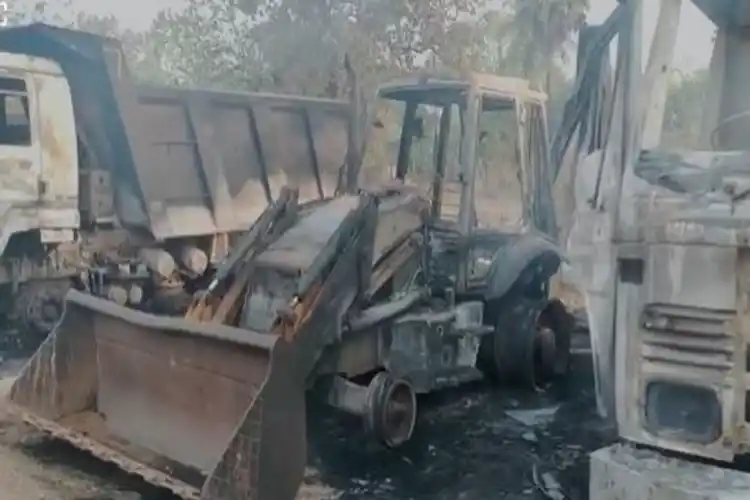 The vehicles torched by Naxals in Chhattisgarh's Bijapur district.