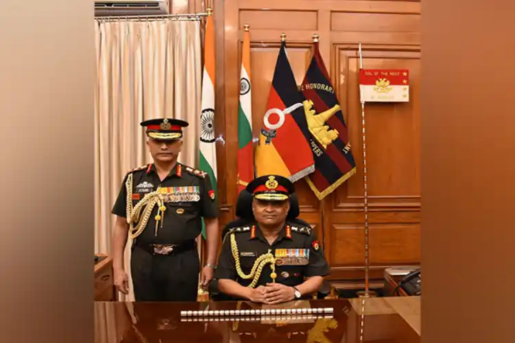 General Manoj Pande (sitting) takes charge as Chief of Army Staff from General Manoj Mukund Naravane. 