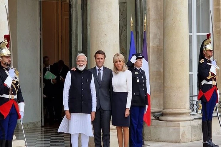 PM Modi with French President Emmanuel Macron, First Lady Brigitte Macron