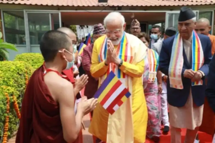 Prime Minister Narendra Modi being welcomes by monks in Maya Devi temple, Lumbono, Nepal
