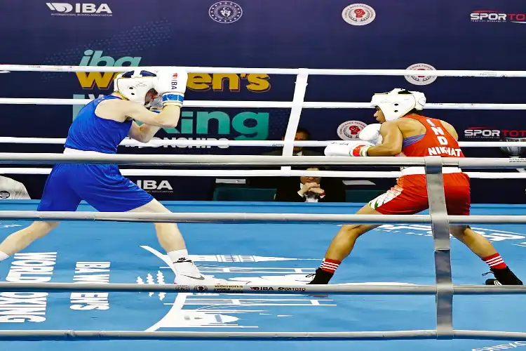 India's Nikhat Zareen in action against England’s Charley Davison at 12th IBA Women's World Boxing Championships, in Istanbul on Monday (Courtesy IBA Twitter)