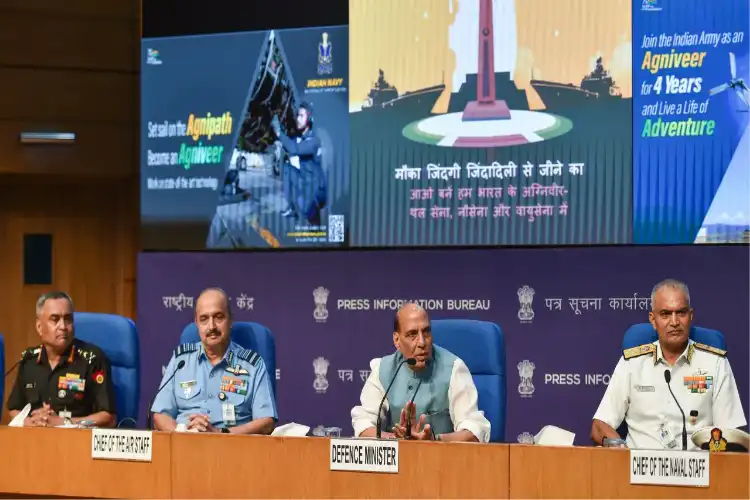 Defence minister Rajnath Singh and service chiefs releasing the Agnipath scheme