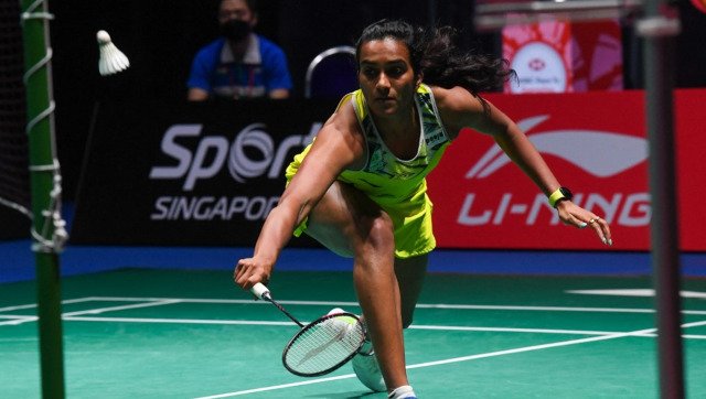 P V Sidhu after her victory in the Singapore Open 2022 women's singles Twitter)