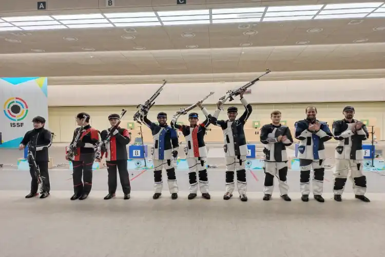 Pic Courtesy: NRAI Twitter/ Indian Men's Rifle Team which won the gold at Changwon