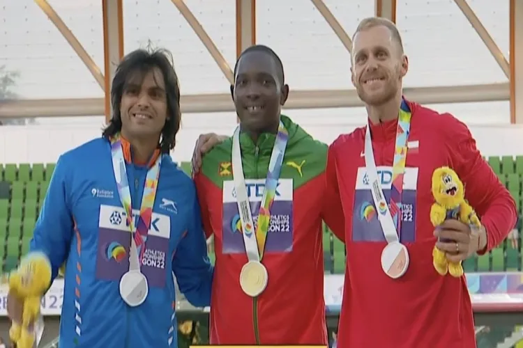 Neeraj Chopra with other medalistsafter winning silver