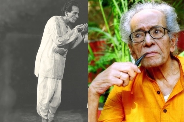 Habib Tanvir (L) in a play at London Lyric theatre, Habib Tanvir (R) in a candid pose with his pipe 