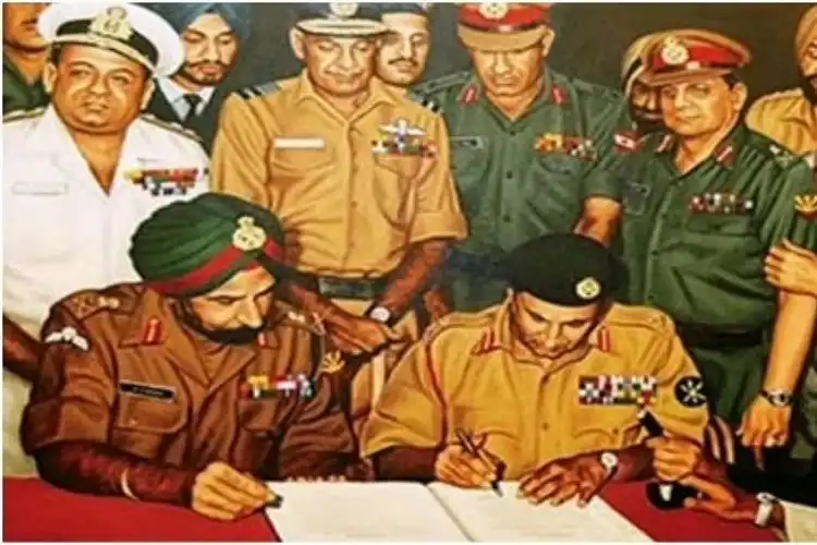Pakistan Easterm Army Commander Gen A K Niyazi signing the instrument of surrender before General J S Arora