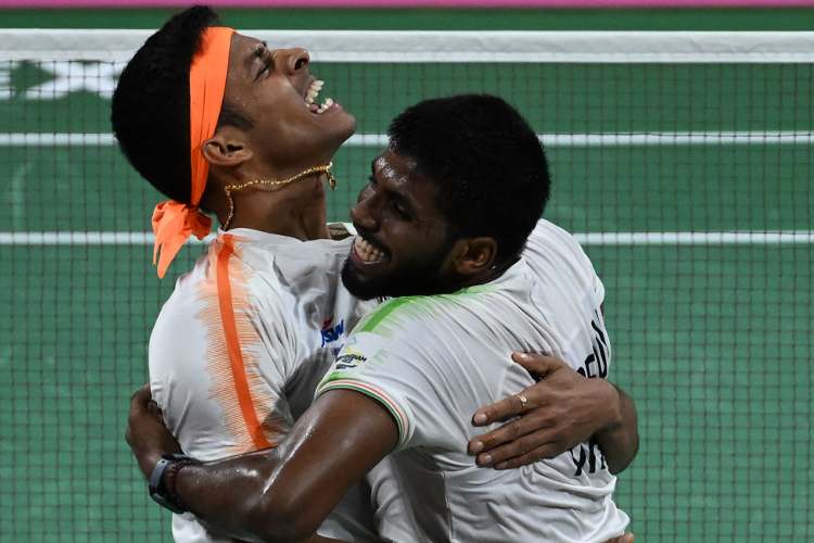 Rankireddy and Shetty celebrate their win in the final of men's doubles