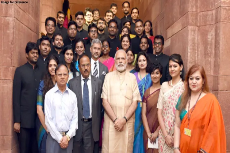 Prime Minister Narendra Modi, foreign MInister S Jaishankar and NSA Ajit Doval with trainee IFS officers