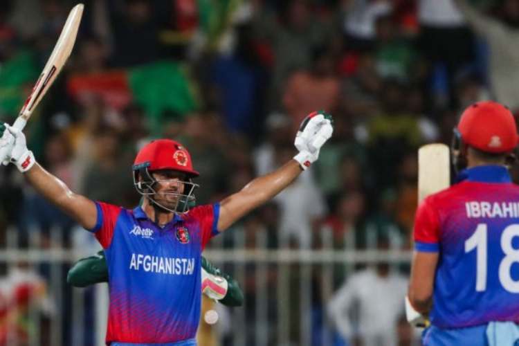 Najibullah celebrates after hitting the winning run against Bangladesh