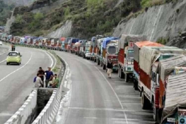 File image of trucks stuck on the Jammu-Srinagar highway