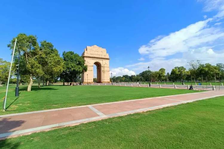 View of India Gate from the refurbished lawns along the 'Kartavya Path'