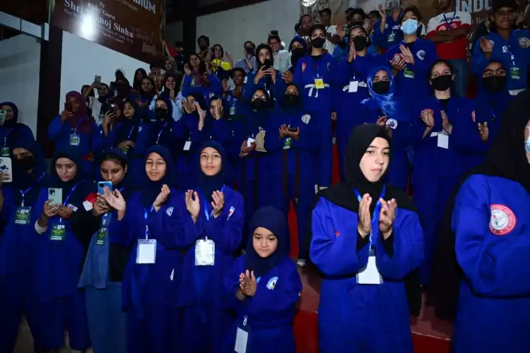 Girl sportspersons listening to Manoj Sinha at Indoor stadium Illahi Bagh, Srinagar 