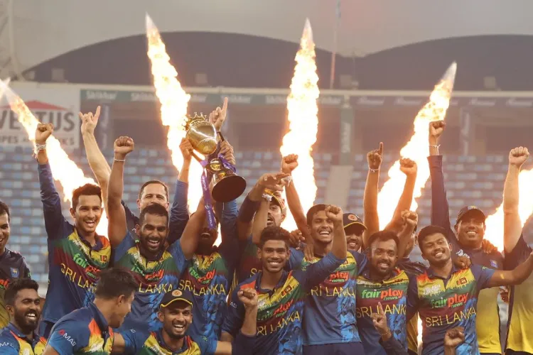Sri Lankan players celebrate their victory in Asia Cup