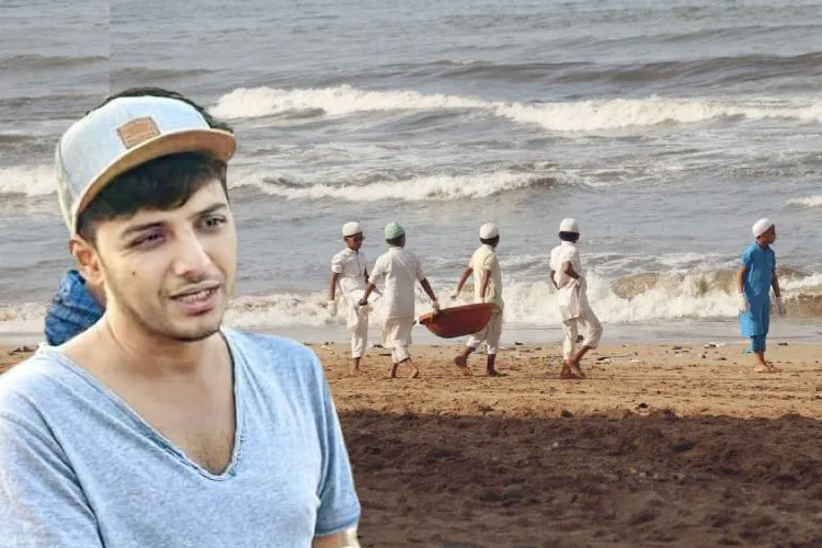 Afroz Shah and madrasa student cleaning the beach