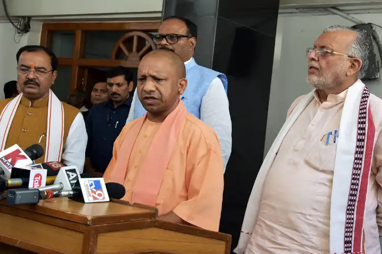 UP Chief Minister Yogi Adityanath addressing a presser