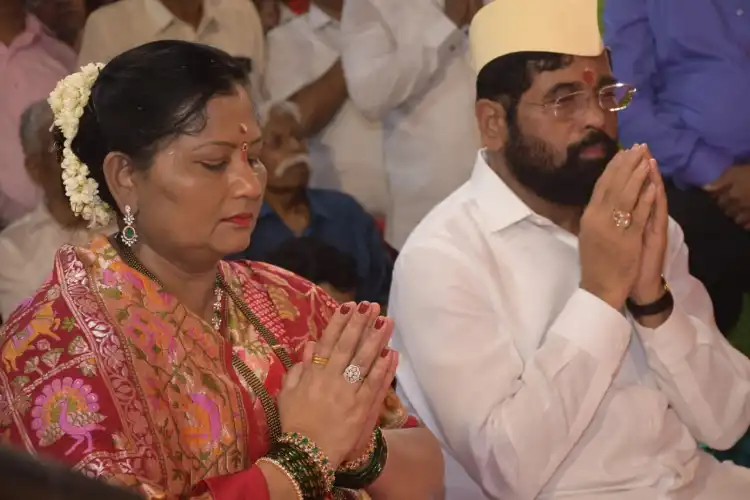 Maharashtra chief minister Eknath Shinde with his wife during Navratri prayers