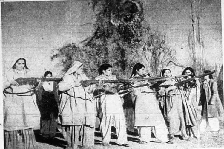 Kashmir women receiving training in arms as part of National militia against Kabali raiders