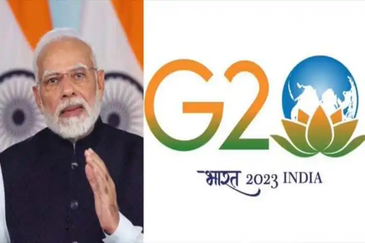 Prime Minister Narendra Modi and logo of next G-20 summit under India's presidency